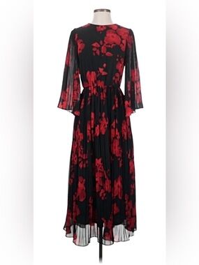 H&M Black Maxi Dress with Red Floral Print and Sheer Pleated Sleeves